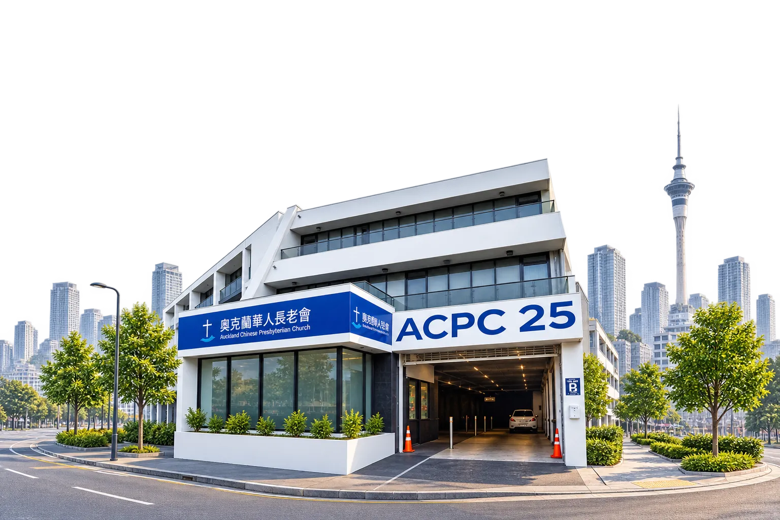 奧克蘭華人長老會 — 25 Union Street 教會大樓，轉角藍色招牌